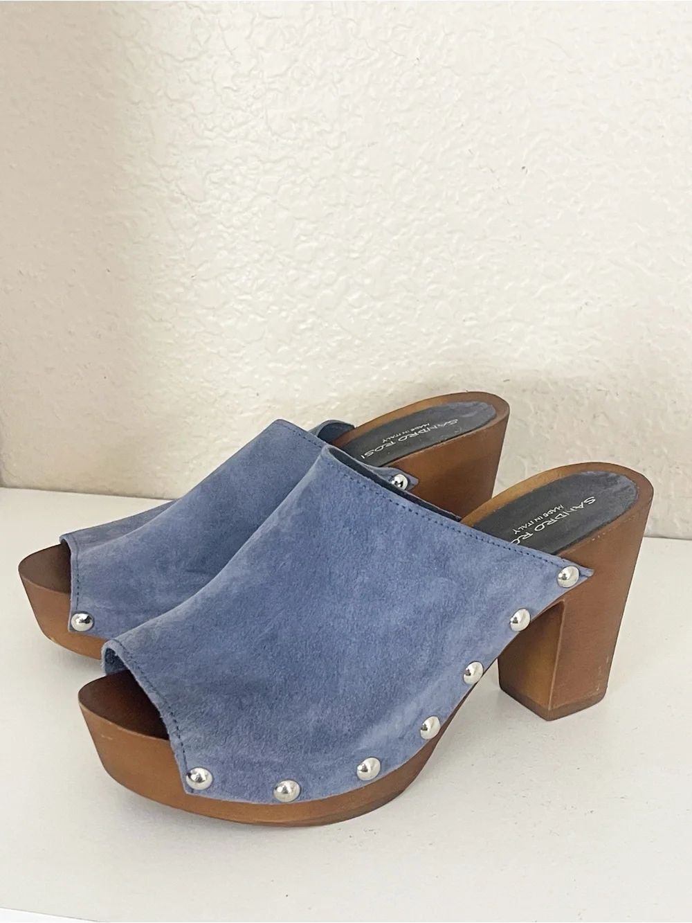 Sandro Rosi Made in Italy Blue Suede leather Studded Wooden Clogs 39 - Picture 2 of 10